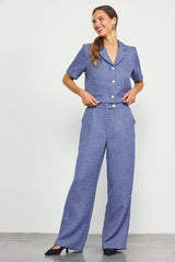 Short Sleeve Cropped Tweed Blazer & Tweed Wide-Leg Pants