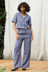 Short Sleeve Cropped Tweed Blazer & Tweed Wide-Leg Pants