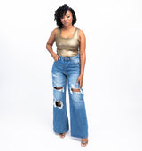 "Rebel Chic" Distressed Wide-Leg Jeans