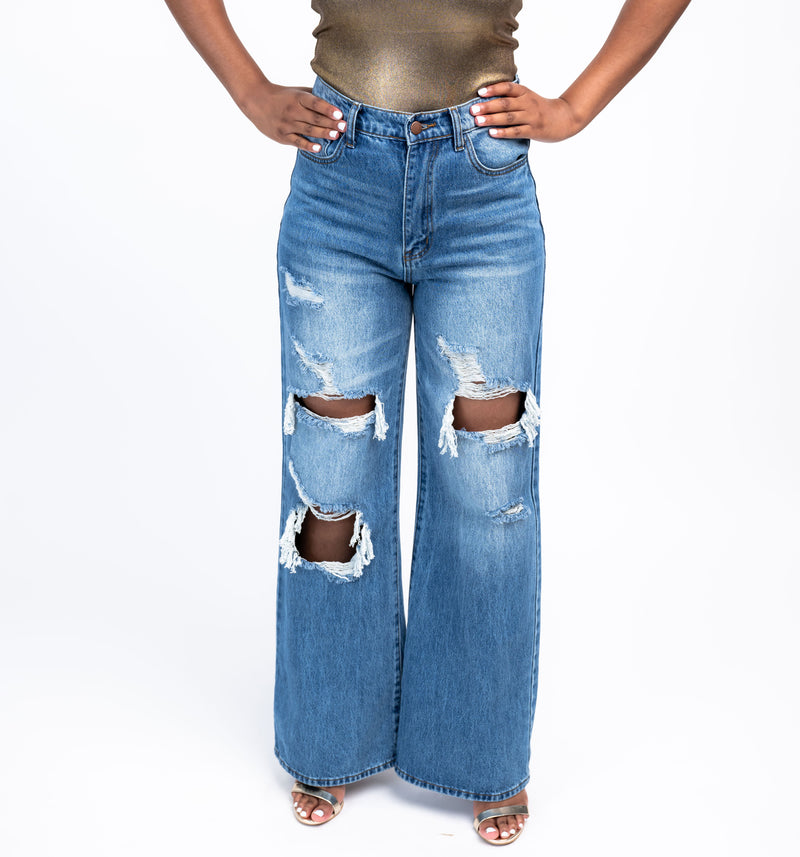 "Rebel Chic" Distressed Wide-Leg Jeans