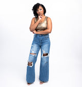 "Rebel Chic" Distressed Wide-Leg Jeans