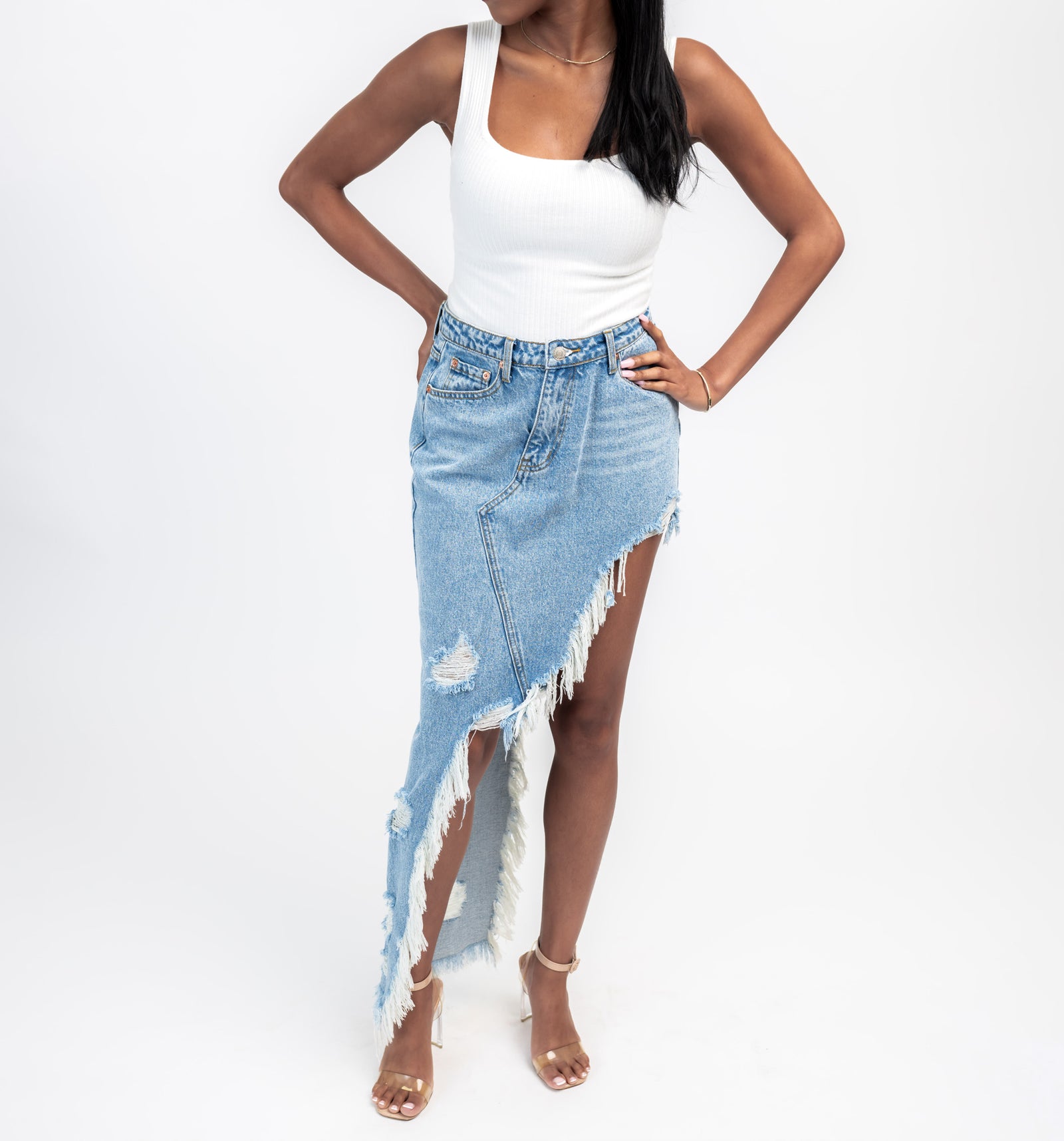 【NONCODE】Raglan Damage Denim Skirt Destructed Glam Denim Mini Skirt | Windsor