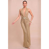 Elegant Mocha Metallic Maxi Dress