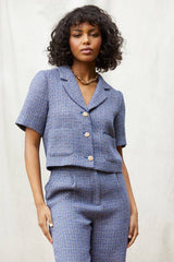 Short Sleeve Cropped Tweed Blazer & Tweed Wide-Leg Pants