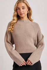 Mock Neck Open Back Ribbed Knit Tie Sweater Top
