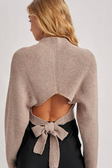 Mock Neck Open Back Ribbed Knit Tie Sweater Top