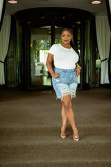 Beaded Rhinestone High Waist Distressed Denim Shorts