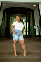 Beaded Rhinestone High Waist Distressed Denim Shorts