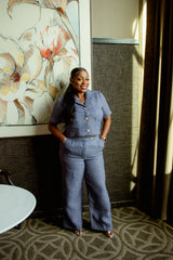 Short Sleeve Cropped Tweed Blazer & Tweed Wide-Leg Pants