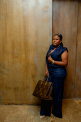 "It-girl" Aesthetic Structured Shoulder Cropped Denim Blouse & Wide Leg Denim Drawstring Pants